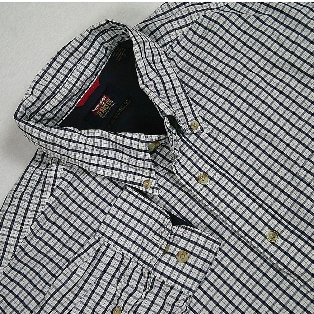 Wrangler Jeans Mens Medium Blue White Plaid Cool River Cotton Button‎ Down Shirt
